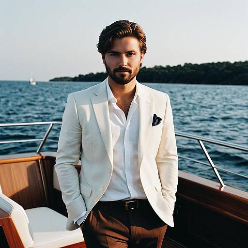 Stylish Man in White Suit on Yacht