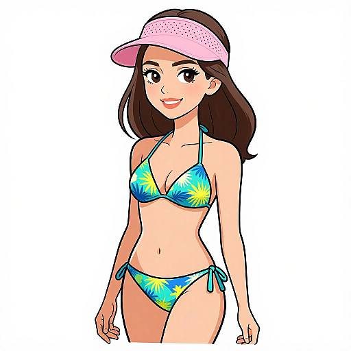 Digital anime-style drawing of a smiling woman with long brown hair, wearing a pink visor, blue-yellow tie-dye bikini, and standing against a