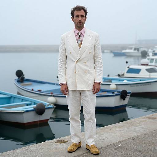 Photograph of a bearded man in a white suit, pink shirt, and yellow shoes, standing on a dock with several blue and white boats in
