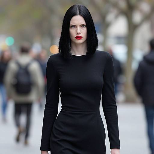 Photograph of a pale-skinned woman with straight black hair, wearing a fitted black long-sleeve dress and bright red lipstick, standing in a