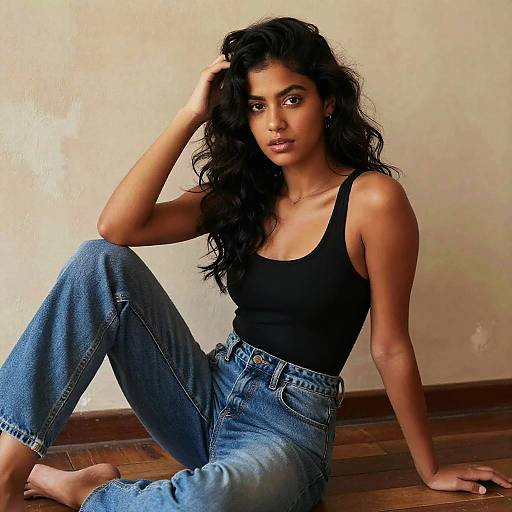 Photograph of a young woman with dark, wavy hair, wearing a black tank top and blue jeans, sitting on a wooden floor against a plain