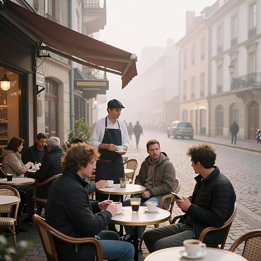 Morning Café Scene on European Cobblestone Street