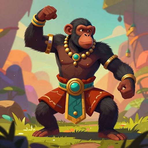 Digital illustration of a muscular, black-furred anthropomorphic gorilla with gold jewelry and red loincloth, flexing in a colorful, fantasy forest
