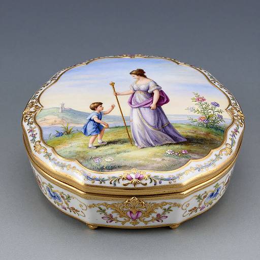 Ornate, round, gold-trimmed box with a colorful, painted scene of a woman in a purple dress and a boy with a staff
