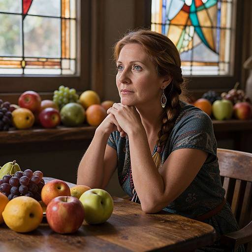 Photograph of a middle-aged woman with brown hair in a braid, wearing a patterned shirt, sitting at a wooden table with fruit, thinking