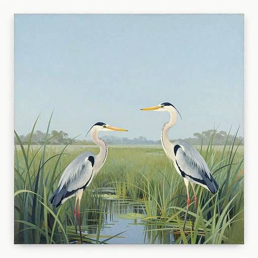 Digital illustration of two elegant white herons with black necks and yellow beaks standing in tall green reeds by a reflective water pool, under a