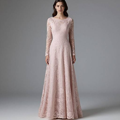 Photograph of a young woman with long dark hair, wearing a long-sleeve, floor-length, pink lace wedding dress, standing against a plain