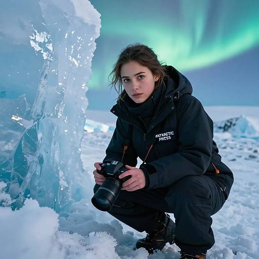 Photograph of a young woman with wet brown hair, crouching in snowy Arctic landscape, holding a camera, wearing black winter gear, icy blue