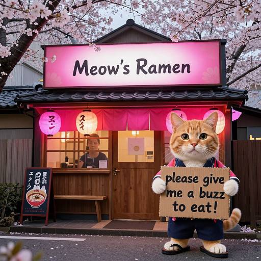 Photograph of a cute orange tabby cat in a blue outfit holding a sign saying 