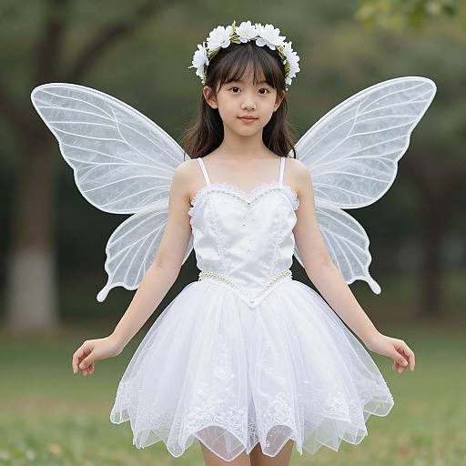 Photograph of an Asian girl with long black hair, wearing a white floral crown, lace dress, and transparent fairy wings, standing in a green,