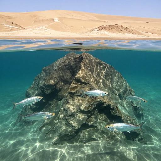 Photograph of underwater scene with sunlight filtering through clear water, showing a large, dark rock surrounded by five silver fish, with a sandy beach and blue