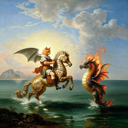 Digital fantasy artwork of a fox warrior with wings riding a golden horse, battling a fiery red and black dragon in a sunlit ocean.