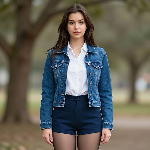 Photograph of a young woman with long dark hair, wearing a blue denim jacket, white shirt, and navy shorts, standing in a blurred park background
