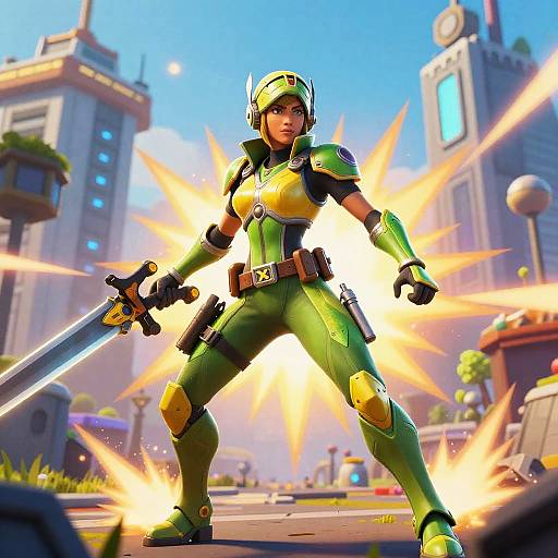 Digital artwork of a fierce, green-armored female warrior with a sword, standing triumphantly amidst bright explosions in a futuristic cityscape.