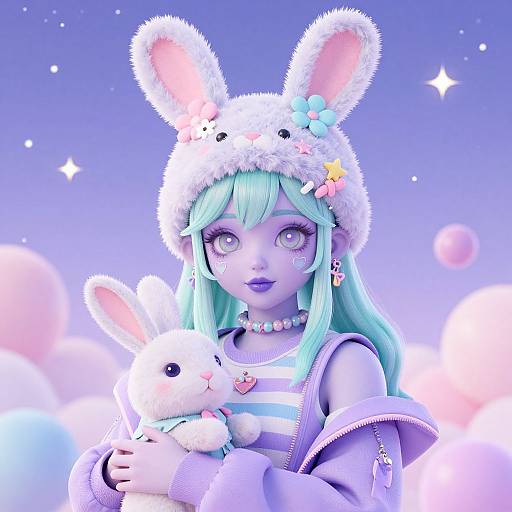 Digital artwork of a cute anime-style girl with turquoise hair, bunny ears hat, holding a plush bunny against a glowing blue-purple background.