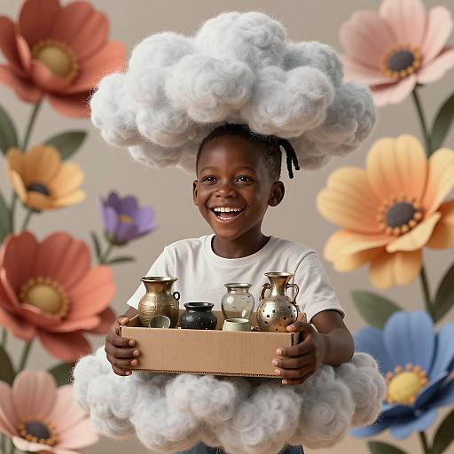 Joyful Nigerian Boy with Artifacts in Cloud Costume