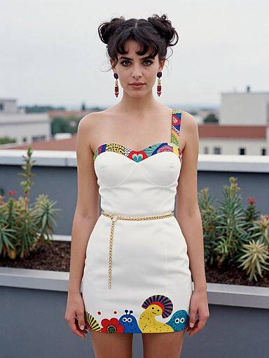 Photograph of a young woman with dark hair in a bun, wearing a white dress with colorful, playful animal patterns, standing on a rooftop with p