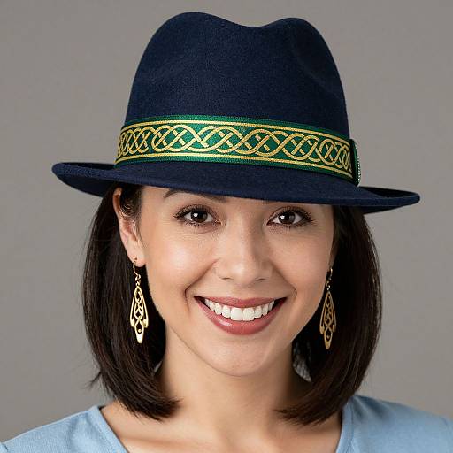 Photograph of a smiling woman with black shoulder-length hair, wearing a dark blue fedora with a green and gold patterned band, and gold earrings
