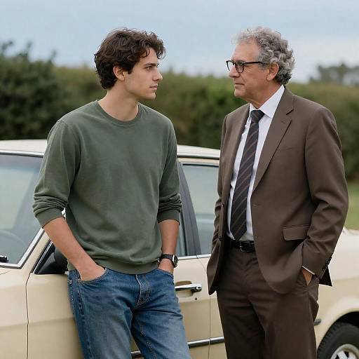 Two Men Beside a Beige Car