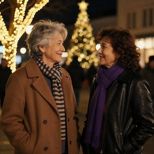 Two Older Women Smiling Outdoors at Night with Christmas Lights