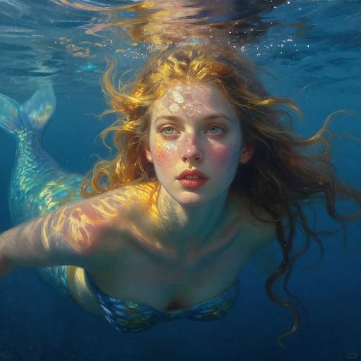 Photograph of a beautiful, fair-skinned, red-haired mermaid underwater, with shimmering blue tail, light reflecting on her face, and intense