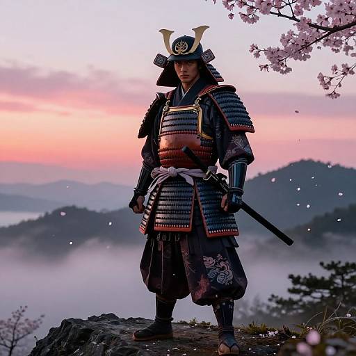 Samurai Standing on Misty Mountain Ridge at Dawn