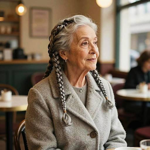 Photograph of an elderly woman with gray braided hair, wearing a gray wool coat, sitting in a warmly lit café, looking thoughtfully to the