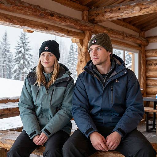 Photograph of a young Caucasian couple, both wearing winter hats and jackets, sitting inside a wooden log cabin with snowy mountain views.