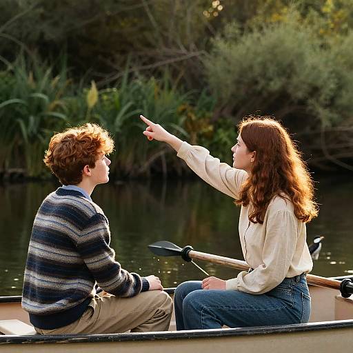 Young Couple Birdwatching on Rowboat