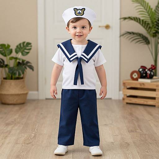 Photograph of a smiling toddler in a white sailor outfit with navy blue trim, standing on wooden floor in a bright room with plants and a door in