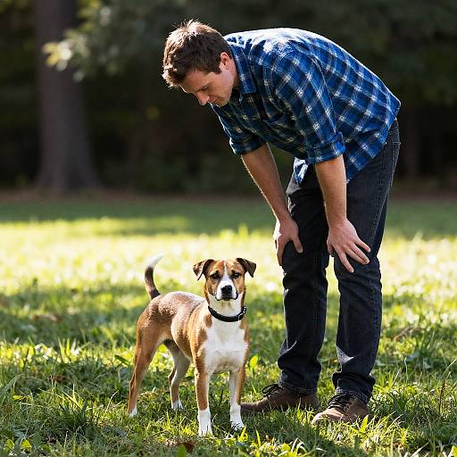 Man Bending to Brown and White Dog Outdoors