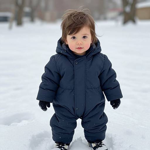 Photograph of a cute toddler with brown hair, wearing a black puffy winter suit, black gloves, and boots, standing in a snowy outdoor setting