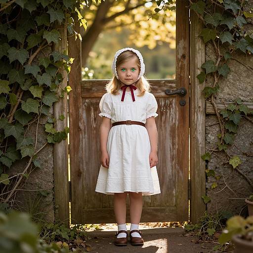 Nostalgic Girl in Sunlit Cottage Garden