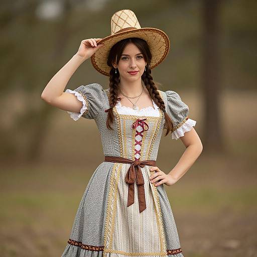 Photorealistic image of a young woman with fair skin, dark braided hair, wearing a blue and white peasant dress with lace, red ribbon,