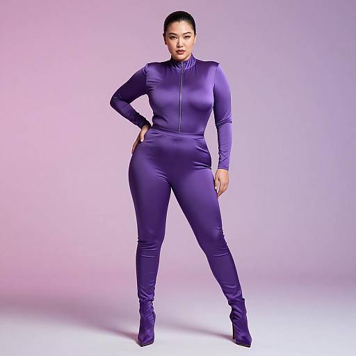 Elegant Curvy Asian Woman in Catsuit