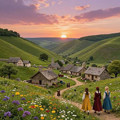 Photograph of a picturesque village at sunset, featuring colorful wildflowers, three women in vintage dresses walking away, and charming stone cottages nestled in green