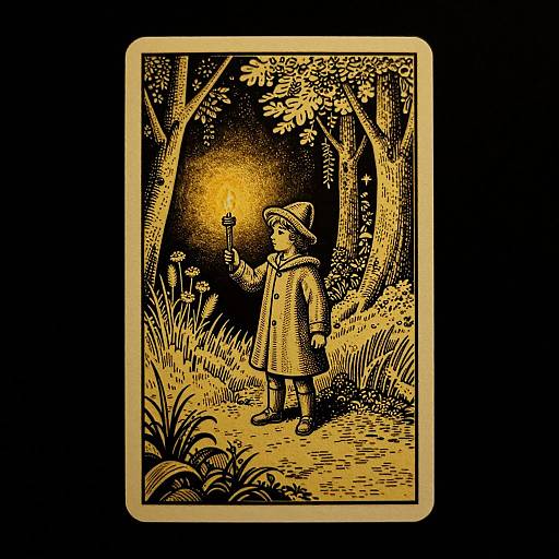 Ink drawing of a child in a long coat and hat, holding a lit candle in a dark forest. Yellow ink on black background. Vintage,