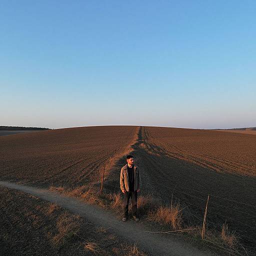 Photograph of a lone man standing on a dirt path in a vast, brown, plowed field under a clear blue sky.