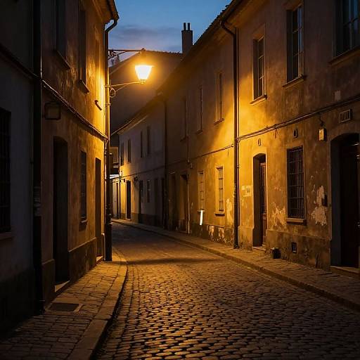 Photograph of a narrow, cobblestone alley at dusk, illuminated by warm, yellow streetlights casting dramatic shadows on aged, weathered buildings with