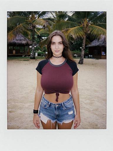 Photograph of a young woman with large breasts, brown hair, wearing a maroon tied crop top and distressed denim shorts, standing on a sandy beach