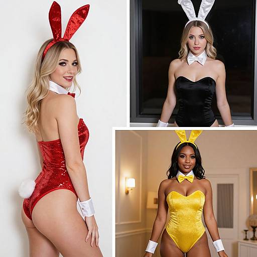 Photograph collage of three women in bunny costumes: blonde in red and white, blonde in black, and black woman in yellow.