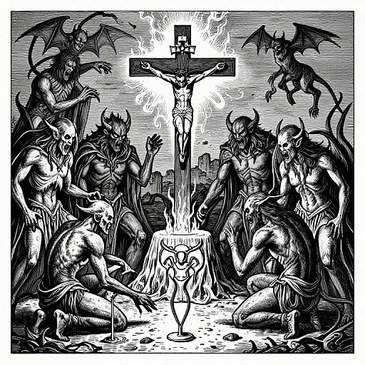 Black-and-white woodcut of Christ crucified between demonic figures, with two flying demons; intense, detailed, and shadowy, evoking Gothic horror