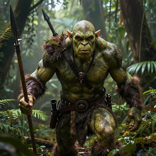 Photorealistic digital artwork of a muscular, green-skinned orc warrior with pointed ears, fur-trimmed loincloth, and spear, standing