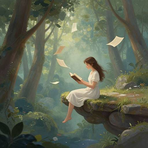 Digital painting of a fair-skinned, brown-haired woman in a white dress, sitting on a grassy rock, reading in a sunlit, enchanted