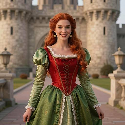 Woman in Renaissance Dress in Front of Castle