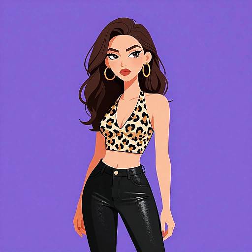 Digital illustration of a confident woman with long dark brown hair, wearing a leopard print crop top and black leather pants, large hoop earrings, and bold red
