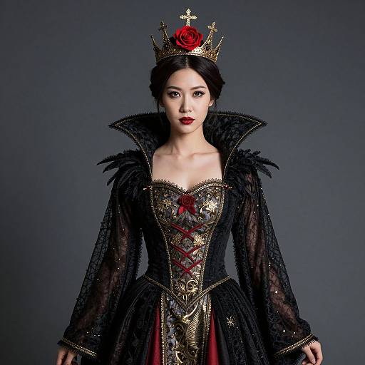 Photograph of an East Asian woman in a regal black and gold corset dress with red roses, black feathered cape, and gold crown with