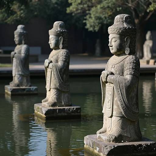 Photograph of three ancient stone statues of serene, robed figures standing in a reflective pond, with blurred greenery in the background.