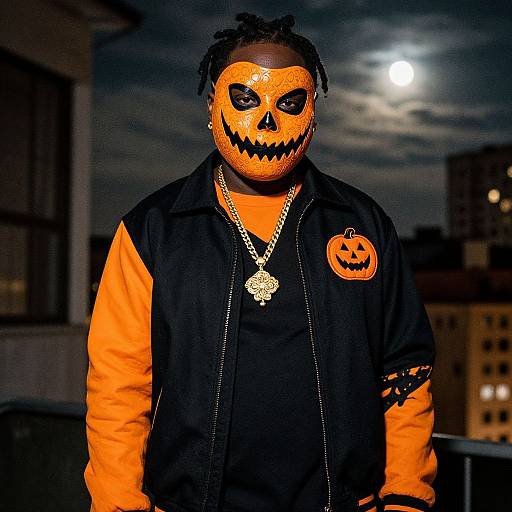 Photograph of a person with a pumpkin mask, orange and black jacket, city rooftop, moonlit sky, necklace, Halloween theme.