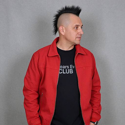 Photograph of a Caucasian man with a bald mohawk, wearing a bright red jacket, black shirt, and 